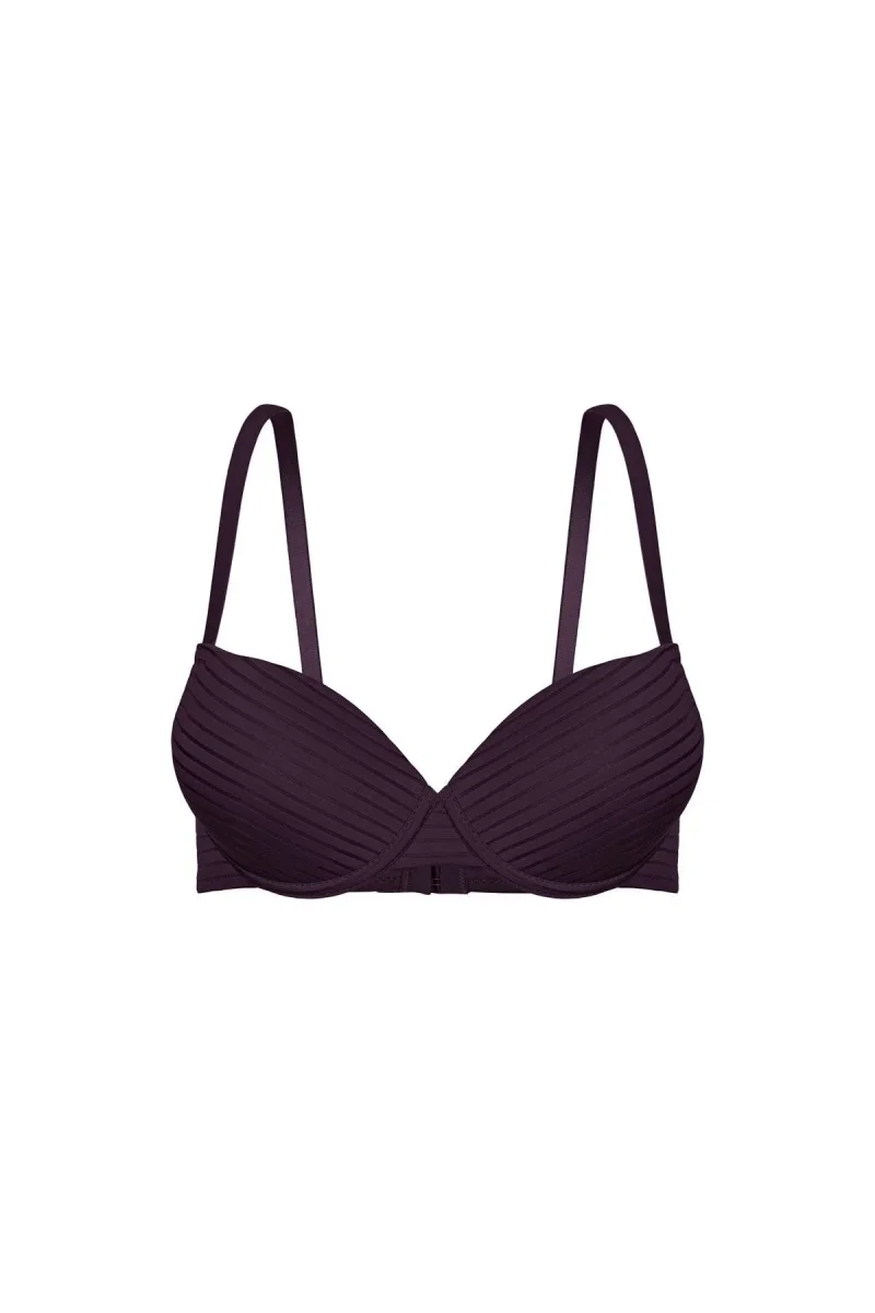 Çizgili Kumaş Sütyen - Push Up, Dolgulu, Balenli - 2514 - Acı Kahve